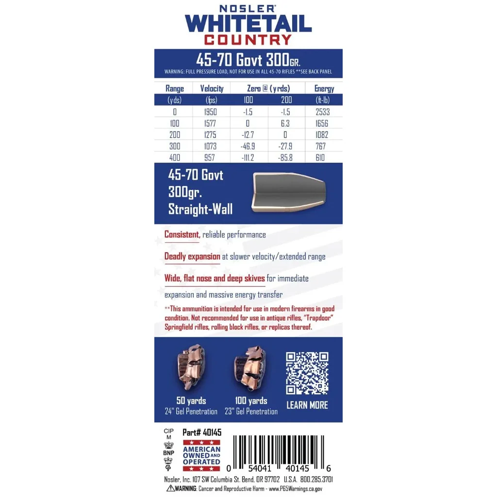 Nosler Whitetail Country Rifle Ammo 45-70 Govt 300 gr. SW 20 rd. - Image 2