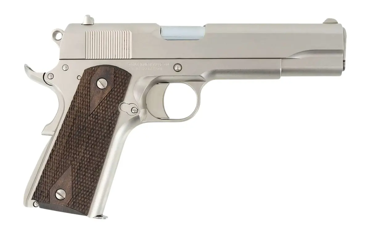 Tisas Arms 10100562 1911 A1 Stakeout 9mm Luger 38 Super 5" Stainless Steel Barrel, Nickel Carbon Steel Serrated Slide Frame w/Beavertail, Walnut Grip