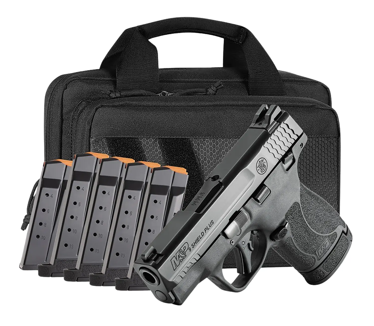 Smith Wesson 14750 M Shield Plus Bundle Micro-Compact 9mm Luger 13+1, 3.10" Black Armornite Stainless Steel Barrel Serrated Slide, Matte Black Polymer Frame, Thumb Safety, 6 Mags Bag