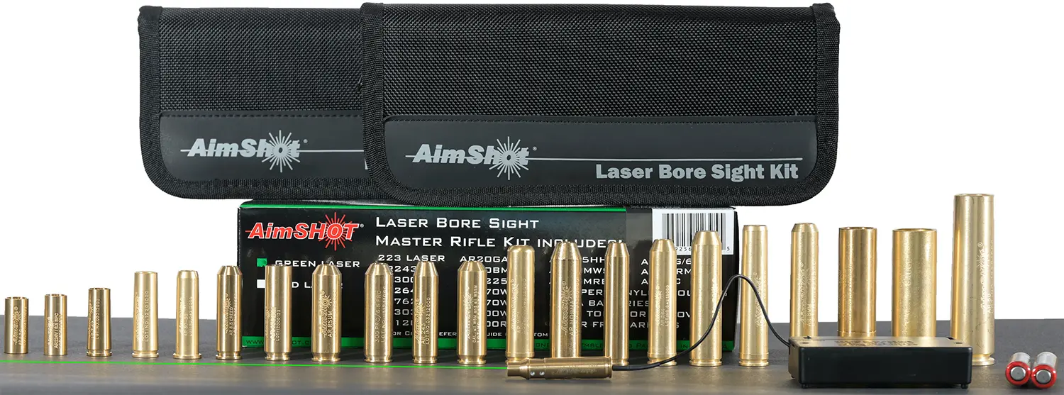 AimShot Master Kit Multi-Caliber Bore Sight with Green 532nM Laser Uses 2 AAA Batteries for Rifles (Batteries Not Included)