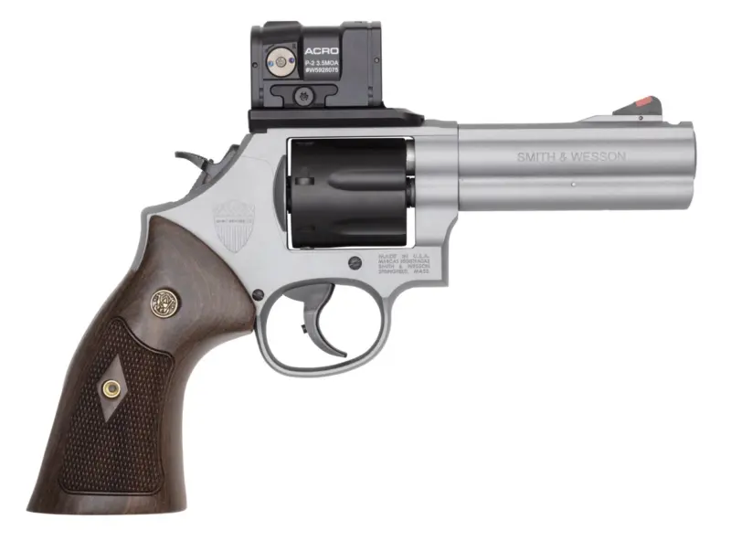 Smith Wesson 14635 Model 686 SPEC R Bundle 357 Mag/38 Special +P 7 Shot, 4.13" Titanium Cerakote PowerPort Stainless Steel Vented Barrel Frame, Black PVD Cylinder, Checkered Wood Grip, Aimpoint Ac