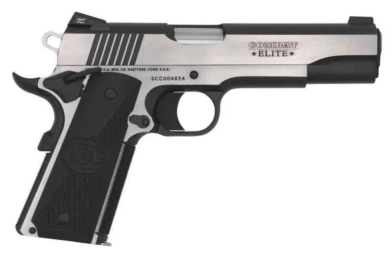 Colt Mfg O1070CE 1911 Combat Elite Government 45 ACP 5" 8+1 Overall Two-Tone Elite Finish Stainless Steel Frame Slide with Half Checkered Scalloped Black G10 Grip Night Sights