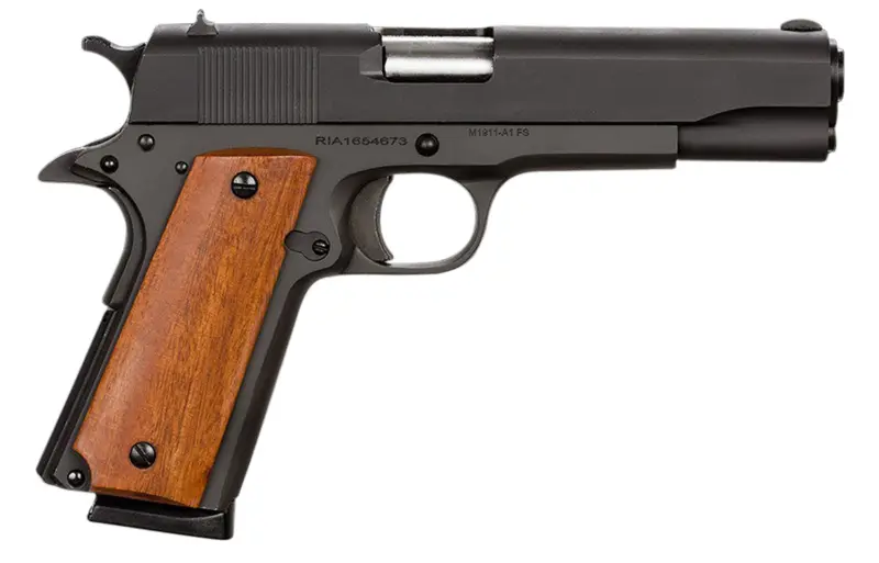 Rock Island 51421 GI Standard FS *CA Compliant 45 ACP Caliber with 5" Barrel, 8+1 Capacity, Overall Black Parkerized Finish Steel, Beavertail Frame, Serrated Slide Wood Grip