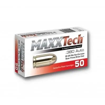 Maxxtech Brass Case Handgun Ammunition .380 ACP 95 gr FMJ 1049 fps 50/ct - MaxxTech Ammo