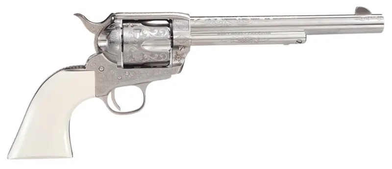 Taylors Company 1873 Outlaw Legacy Pietta 45 Colt (Long Colt) 6 Shot 7.50" Nickel Engraved Round Barrel, Cylinder Steel Frame, White PVC Navy Grip, Manual Safety, Exposed Hammer