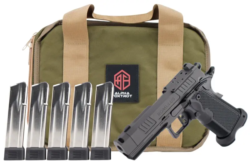 Alpha Foxtrot AA47X1QIG-XDBK20-PROM AF1911 Romulus Promo 9mm Luger 20+1 3.50" Black DLC Threaded Compensated Barrel, Black DLC Stainless Steel Optic Ready/Serrated Slide Frame w/Beavertail Picatin