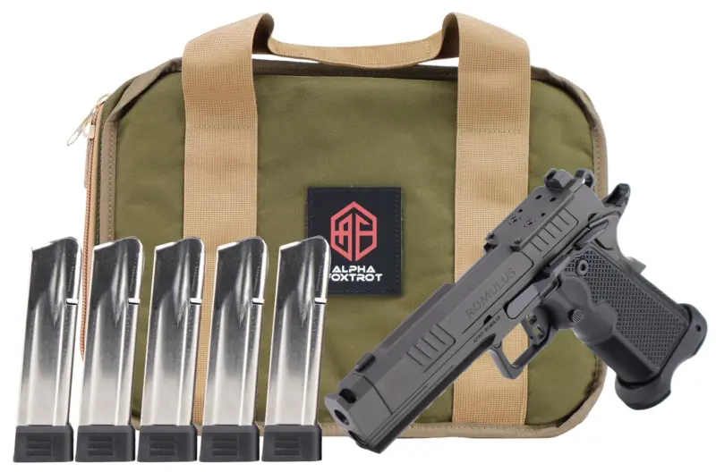 Alpha Foxtrot AA47X1CIG-XDBK20-PROM AF1911 Romulus Promo 9mm Luger 20+1 4.25" Black DLC Threaded Compensated Barrel, Black DLC Stainless Steel Optic Ready/Serrated Slide Frame w/Beavertail Picatin