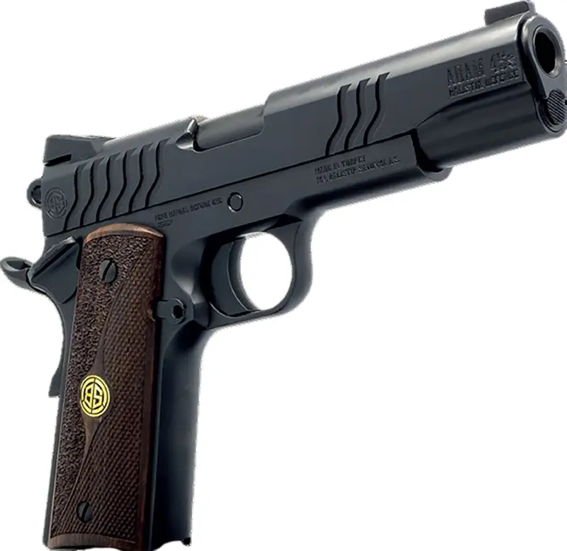 Dickinson LLC DKSN9BS 1911 Adam 9mm Luger 8+1 4.37" Black Steel Barrel, Shiny Black Serrated Aluminum Slide Steel Frame, Wood Grip