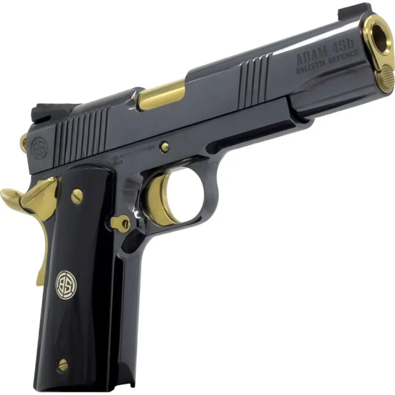 Dickinson LLC DKSN45AB Adam 1911 Acoustic Full Size 45 ACP 8+1 5" Gold Barrel, Shiny Black Steel B Serrations Slide, Shiny Black Steel Frame w/Beavertail