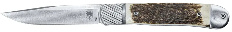 CobraTec Knives CTTHRSTG Trapper Hidden Release 3.12" Flip Open Drop Point Plain Satin D2 Steel Blade, 4.25" Stag Scales Handle