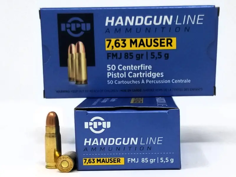 Prvi PPU 7.63 Mauser Ammunition PPH763 85 Grain Full Metal Jacket 50 Rounds