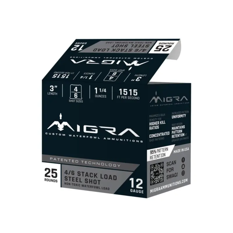 Migra Steel Waterfowl Stacked Shotshell 12ga 3" 1-1/4 oz 1515 fps #4 #6 25/ct